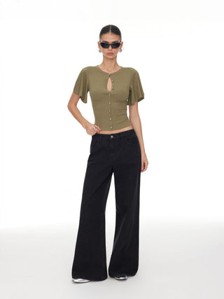 Textured Ruffle Sleeve Cut Out Metal Button Top