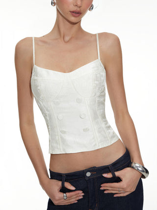 Jacquard Sweetheart Neck Button Detail Corset Crop Cami Blouse