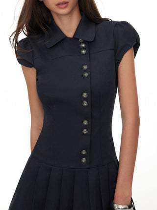 Puff Sleeve Metal Detail Pleated Mini Dress