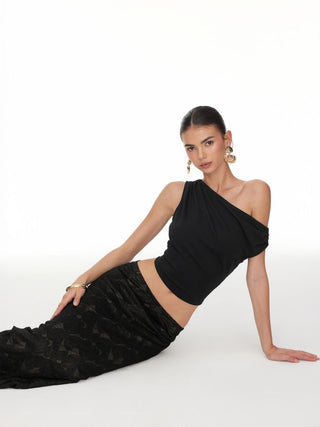 Asymmetrical Neck Ruched Crop Top & Mid Rise Lace Midi Skirt Set