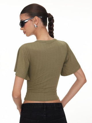 Textured Ruffle Sleeve Cut Out Metal Button Top