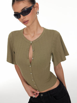 Textured Ruffle Sleeve Cut Out Metal Button Top