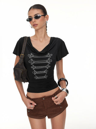 Rhinestone Graphic Cowl Neck Ruffle Sleeve Ruched Top