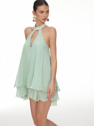 Chiffon Stand Collar Cut Out Ruffle Hem Oversized Smock Mini Dress