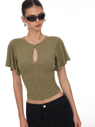 Textured Ruffle Sleeve Cut Out Metal Button Top