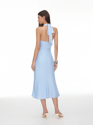Satin Halter Neckline Lace Panel Backless Mermaid Maxi Dress