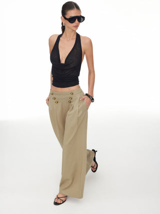 Cotton-blend Low Rise Metal Detail Pleated Wide Leg Trousers