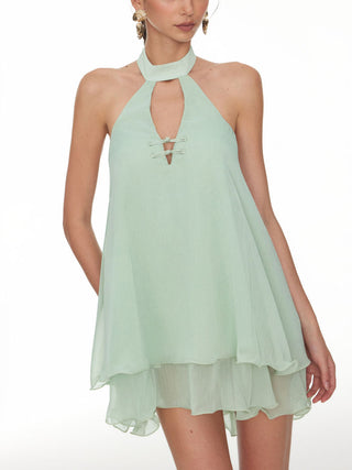 Chiffon Stand Collar Cut Out Ruffle Hem Oversized Smock Mini Dress