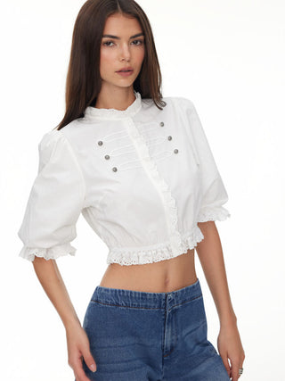 Lantern Sleeve Broderie Anglaise Ruffled Metal Detail Crop Blouse