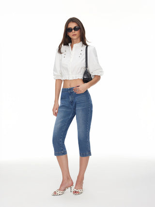 Lantern Sleeve Broderie Anglaise Ruffled Metal Detail Crop Blouse