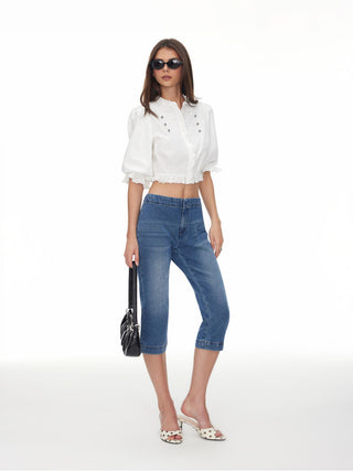 Lantern Sleeve Broderie Anglaise Ruffled Metal Detail Crop Blouse