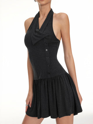 Halter Asymmetrical V-neck Slim Flared Mini Dress