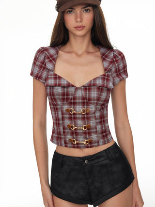 Plaid Sweetheart Neck Puff Sleeve Metal Detail Blouse