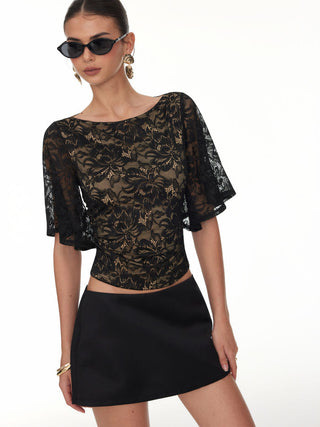 Lace Floral Boat Neck Bell Sleeve Lined Top
