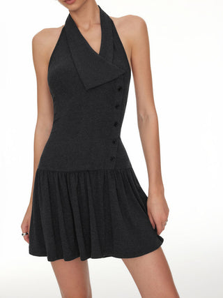 Halter Asymmetrical V-neck Slim Flared Mini Dress