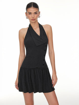 Halter Asymmetrical V-neck Slim Flared Mini Dress