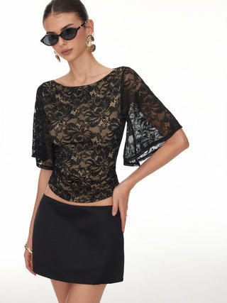 Lace Floral Boat Neck Bell Sleeve Lined Top