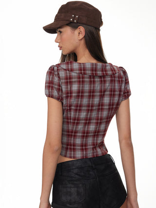 Plaid Sweetheart Neck Puff Sleeve Metal Detail Blouse
