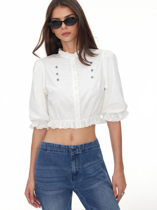 Lantern Sleeve Broderie Anglaise Ruffled Metal Detail Crop Blouse