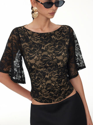 Lace Floral Boat Neck Bell Sleeve Lined Top