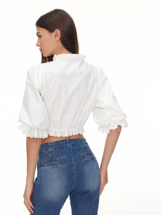 Lantern Sleeve Broderie Anglaise Ruffled Metal Detail Crop Blouse