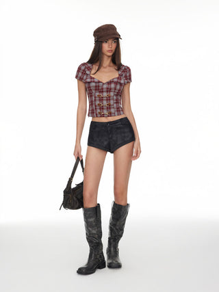 Plaid Sweetheart Neck Puff Sleeve Metal Detail Blouse