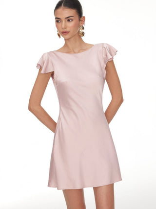 Satin Boat Neck Ruffle Sleeve Backless Mini Dress with Chain