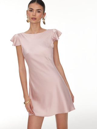 Satin Boat Neck Ruffle Sleeve Backless Mini Dress with Chain