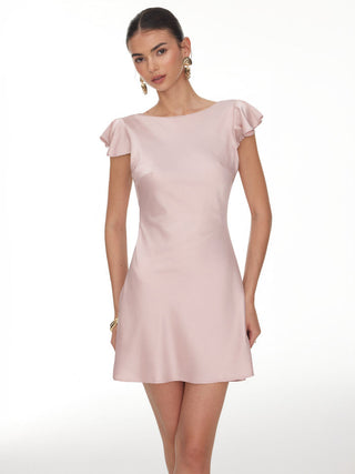 Satin Boat Neck Ruffle Sleeve Backless Mini Dress with Chain