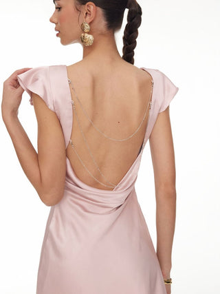 Satin Boat Neck Ruffle Sleeve Backless Mini Dress with Chain