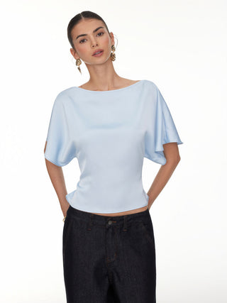 Boat Neck Batwing Sleeve Tie Back Top