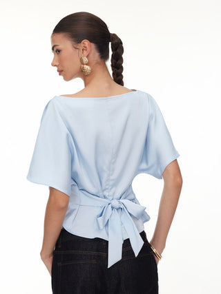 Boat Neck Batwing Sleeve Tie Back Top