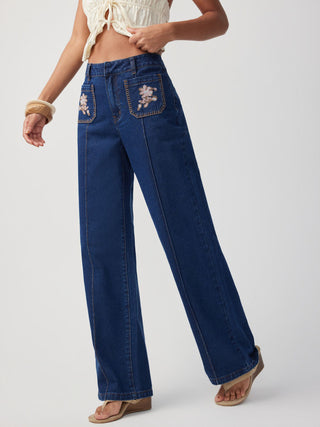 Floral Embroidery High-Waist Straight Leg Denim Jeans