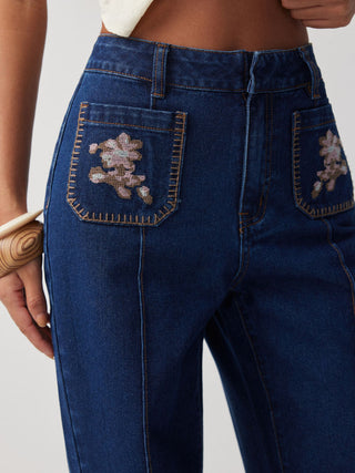 Floral Embroidery High-Waist Straight Leg Denim Jeans