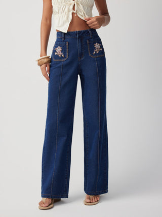 Floral Embroidery High-Waist Straight Leg Denim Jeans