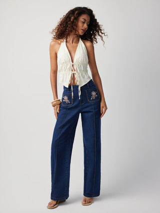 Floral Embroidery High-Waist Straight Leg Denim Jeans