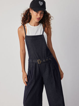 Denim Mid Rise Metal Detail Oversized Wide Leg Jumpsuit With Belt