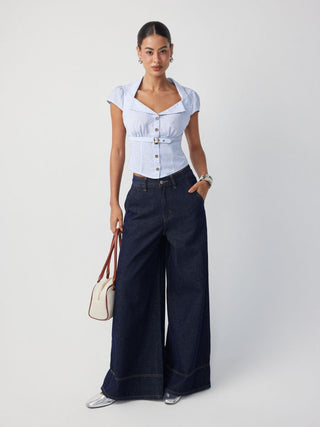 Cotton-blend Stripe Collar Metal Button Belted Blouses
