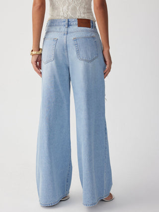 Denim Mid Rise Lace Cut Out Metal Detail Wide Leg Jeans