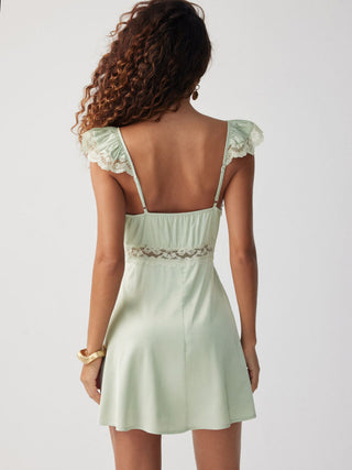 Satin Sweetheart Lace Panel Ruffle High Rise A-line Mini Dress