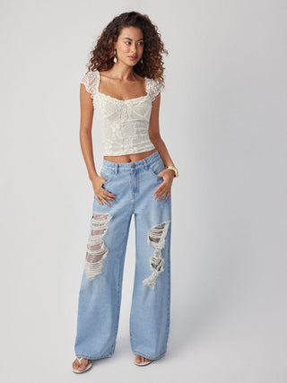 Denim Mid Rise Lace Cut Out Metal Detail Wide Leg Jeans