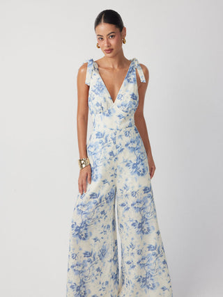 Floral V-neck Bowknot Mid Rise Wide Leg Jumpsuit