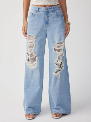 Denim Mid Rise Lace Cut Out Metal Detail Wide Leg Jeans