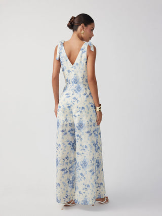 Floral V-neck Bowknot Mid Rise Wide Leg Jumpsuit