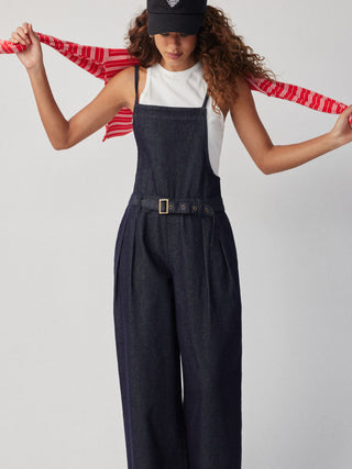 Denim Mid Rise Metal Detail Oversized Wide Leg Jumpsuit With Belt
