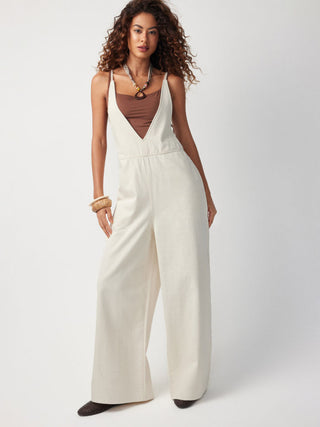 Denim Mid Rise V-neck Backless Pearl Detail Wide Leg Oversized Jumpsuit