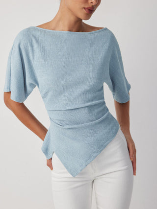 Textured Boat Neck Ruched Asymmetrical Hem Short Sleeve Tee