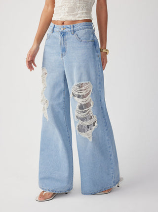 Denim Mid Rise Lace Cut Out Metal Detail Wide Leg Jeans