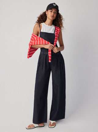 Denim Mid Rise Metal Detail Oversized Wide Leg Jumpsuit With Belt