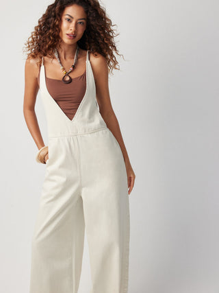 Denim Mid Rise V-neck Backless Pearl Detail Wide Leg Oversized Jumpsuit